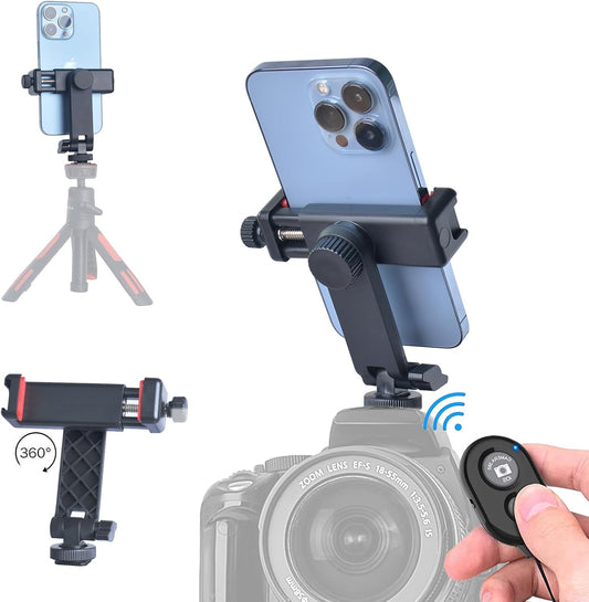 Phone Tripod Mount with Remote Controller, New Universal Smartphone Mount Adapter with Cold Shoe, 360° Rotates Cell Phone Clip Clamp Holder, Compatible with iPhone, Samsung and All Phones