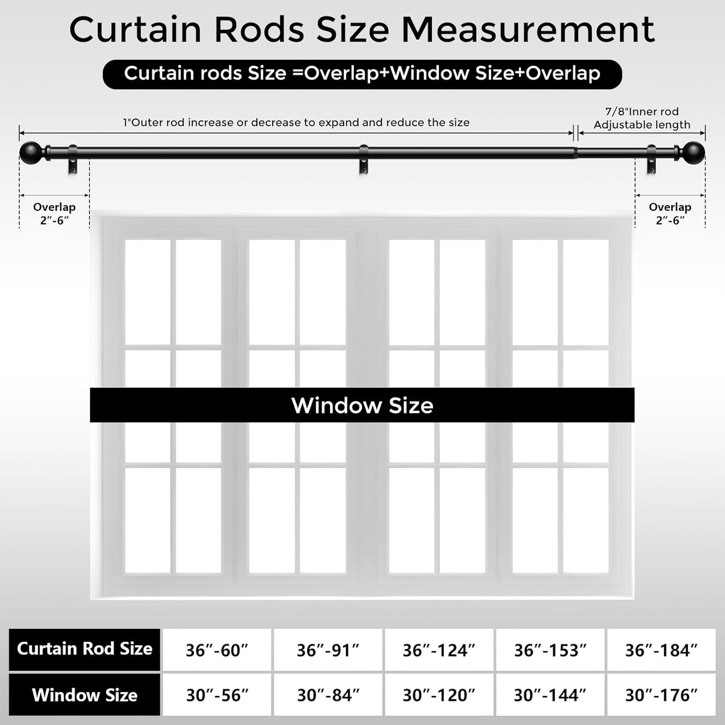 Curtain Rods 48 to 84 Inch, Black 1 Inch Adjustable Heavy Duty Curtain Rods for Windows, Decorative Modern Window Treatment Rod, Telescopic Splicing Metal Drapery Pole, Easy Installation