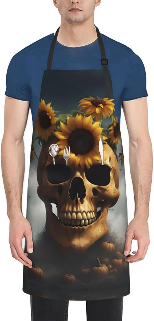 Sunflower Halloween Skull print Waterproof chef's apron with pocket apron for kitchen cooking baking barbecue and gardening