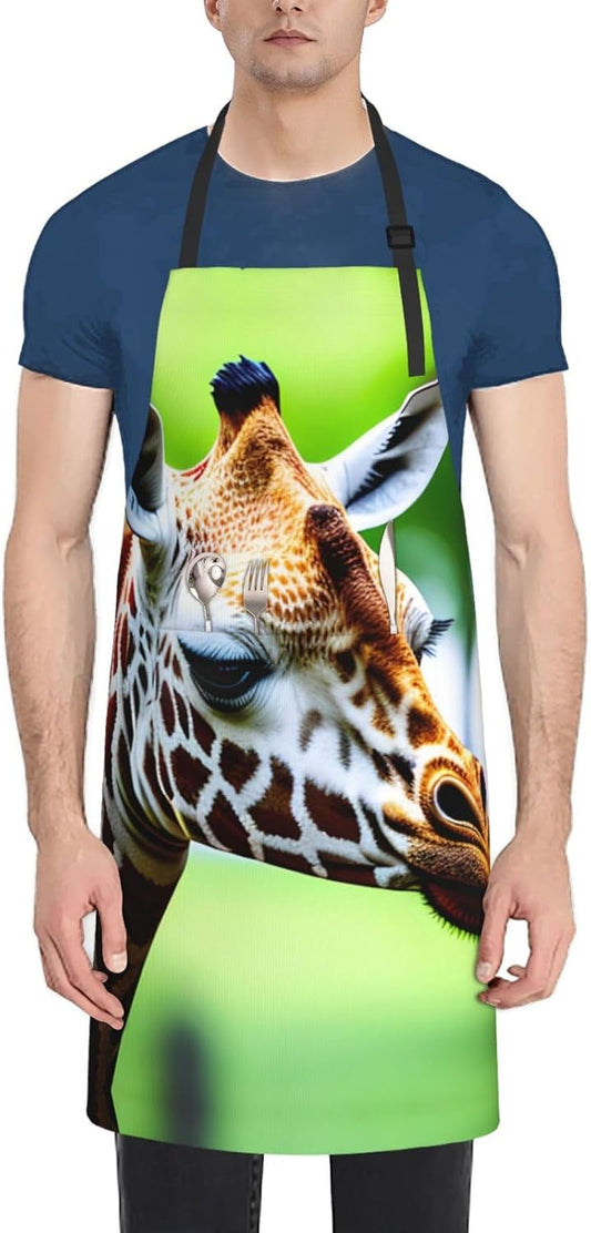 Cartoon Giraffe print Waterproof chef's apron with pocket apron for kitchen cooking baking barbecue and gardening