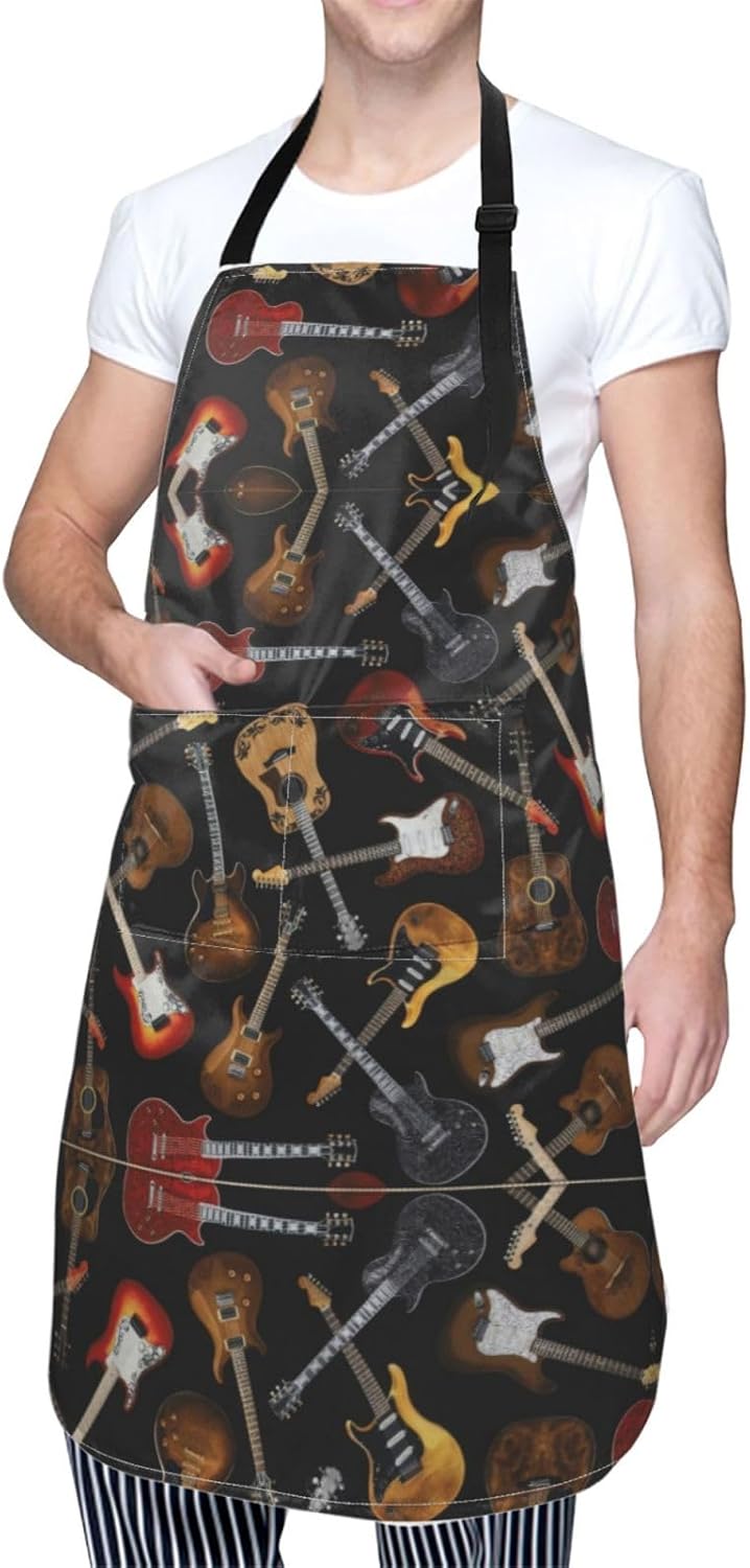 Guitars print Waterproof apron with pocket adjustable cooking apron fo