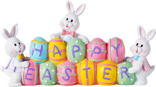 3 Bunny Holding Eggs and Happy Easter Decorations, Resin Easter Bunny 