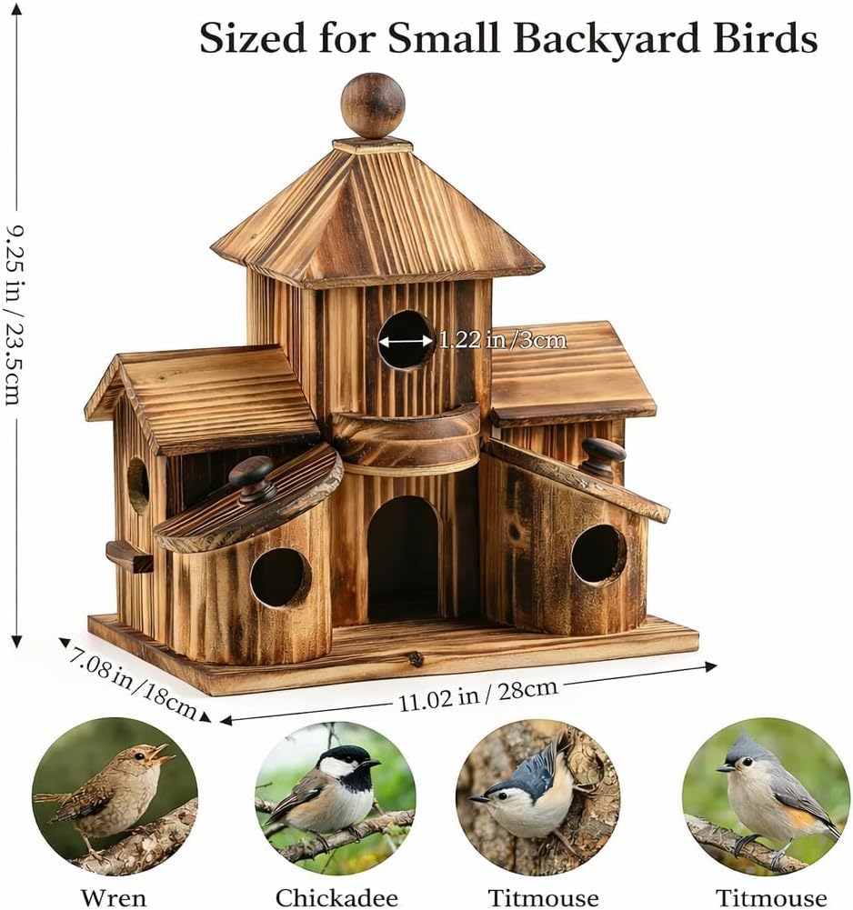 Bird House for Outside, Wooden 6 Hole Bird House Room for Multiple Birds, Decorative Hanging Birdhouse Nesting Box for Garden, Bird Hotel for Wren Chickadee Sparrow