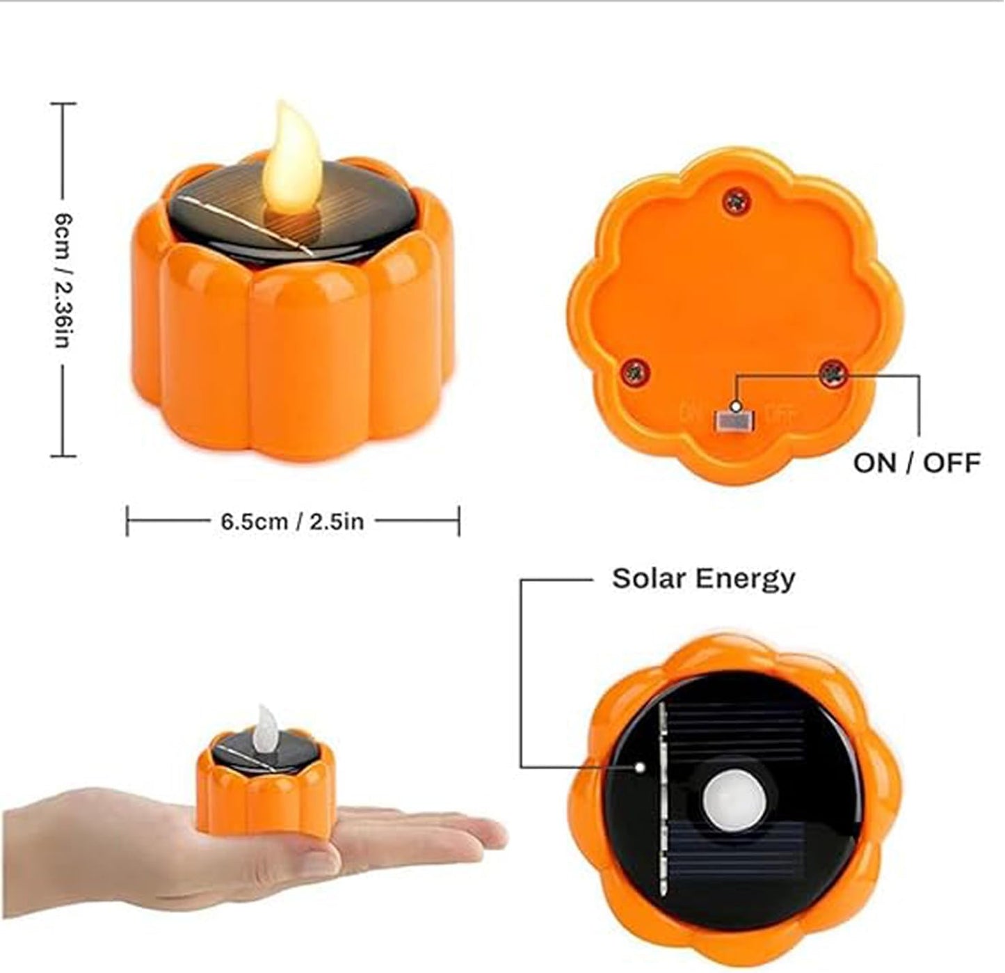 6PCS Orange Solar Pumpkin Tea Lights Outdoor Candle,Autumn Flameless Candles Battery Operated IP44 Waterproof Reusable for Halloween Christmas Party,Fall Garden Camping Home Decor