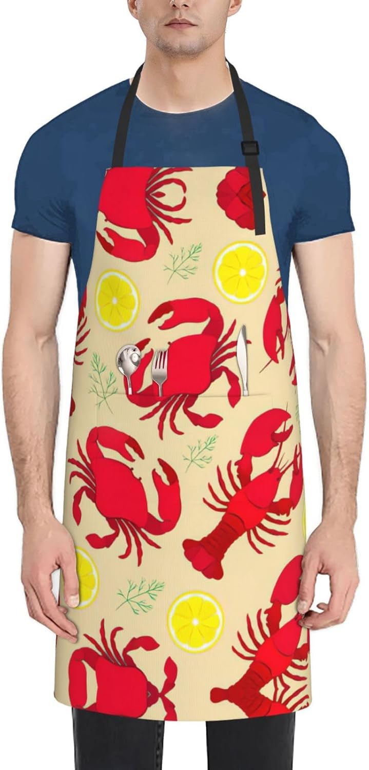 Lobster and Crab Print 28x33 In Adult Kitchen Apron with Pockets Versatile Chef Smock for Cooking Baking
