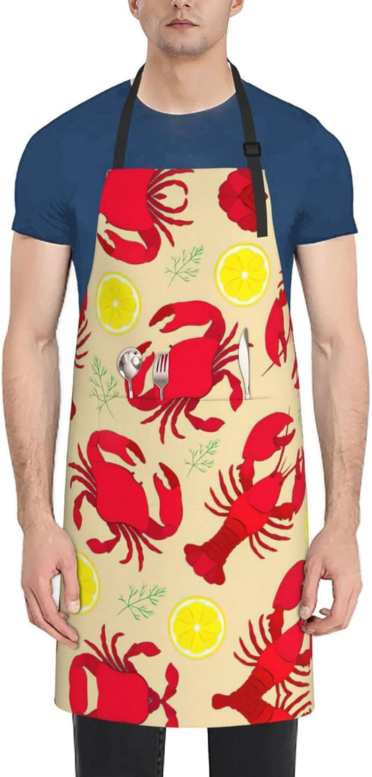 Lobster and Crab Print 28x33 In Adult Kitchen Apron with Pockets Versatile Chef Smock for Cooking Baking