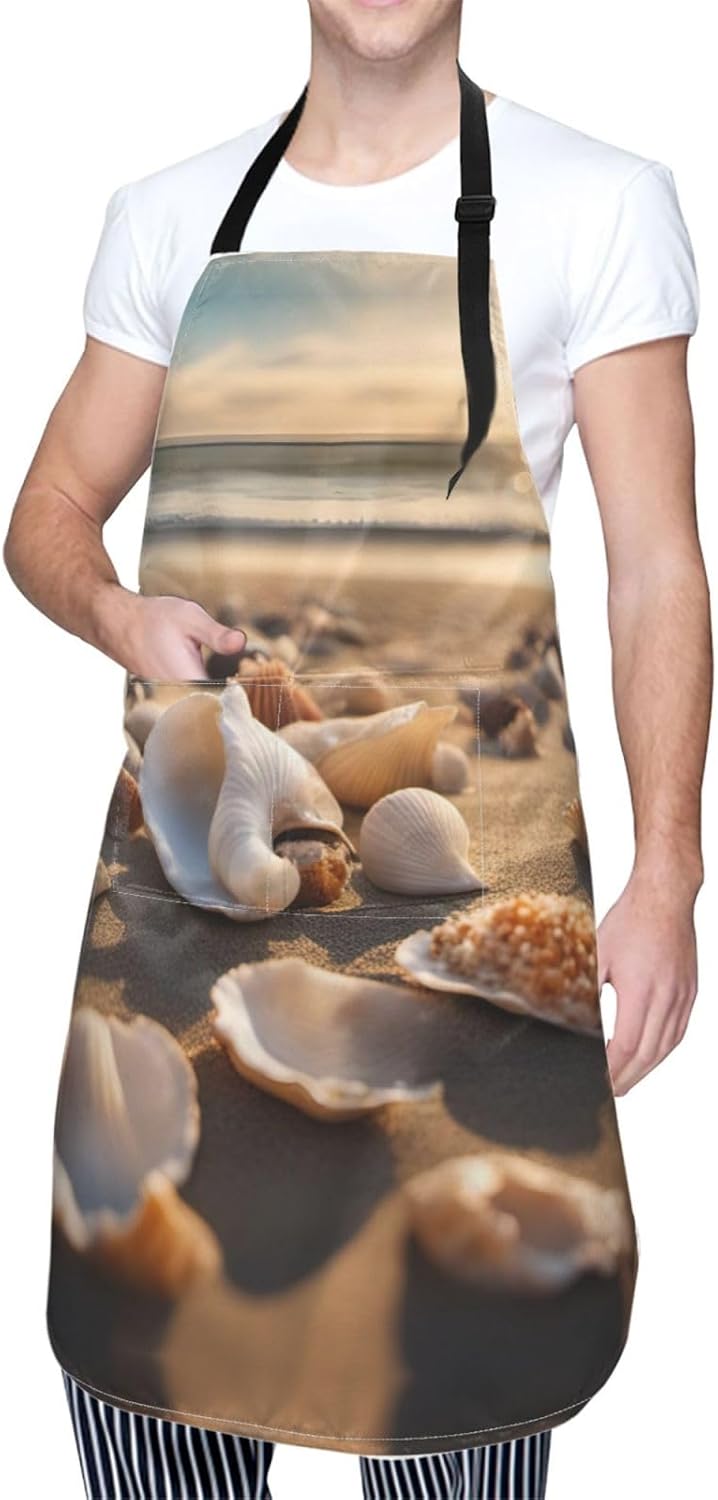 Seashell Landscape On The Beach print Waterproof chef's apron with pocket apron for kitchen cooking baking barbecue and gardening