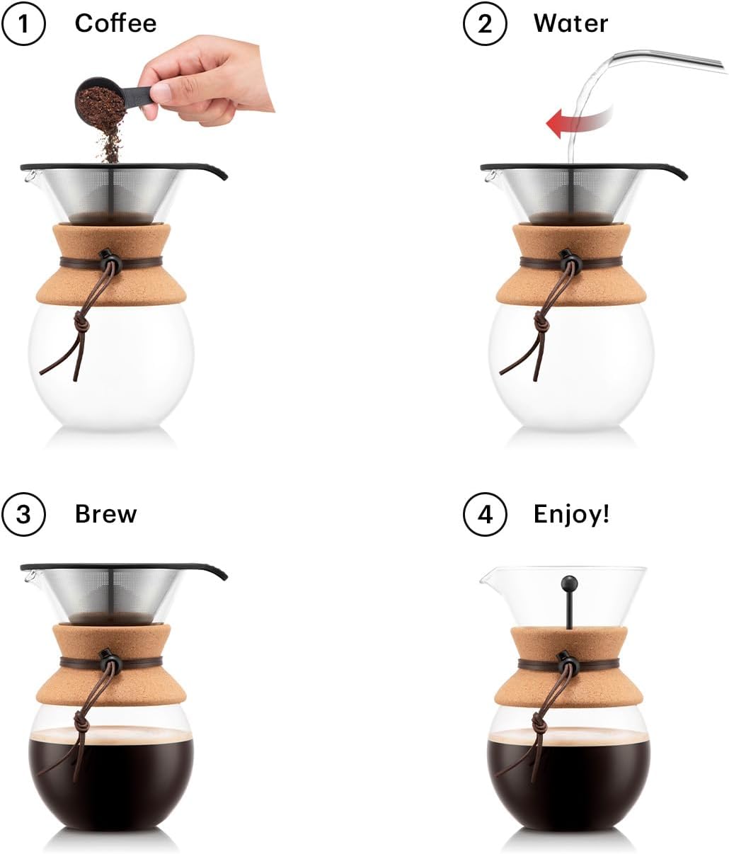 Bodum 34oz Pour Over Coffee Maker, High-Heat Borosilicate Glass with Reusable Stainless Steel Filter and Cork Grip - Made in Portugal