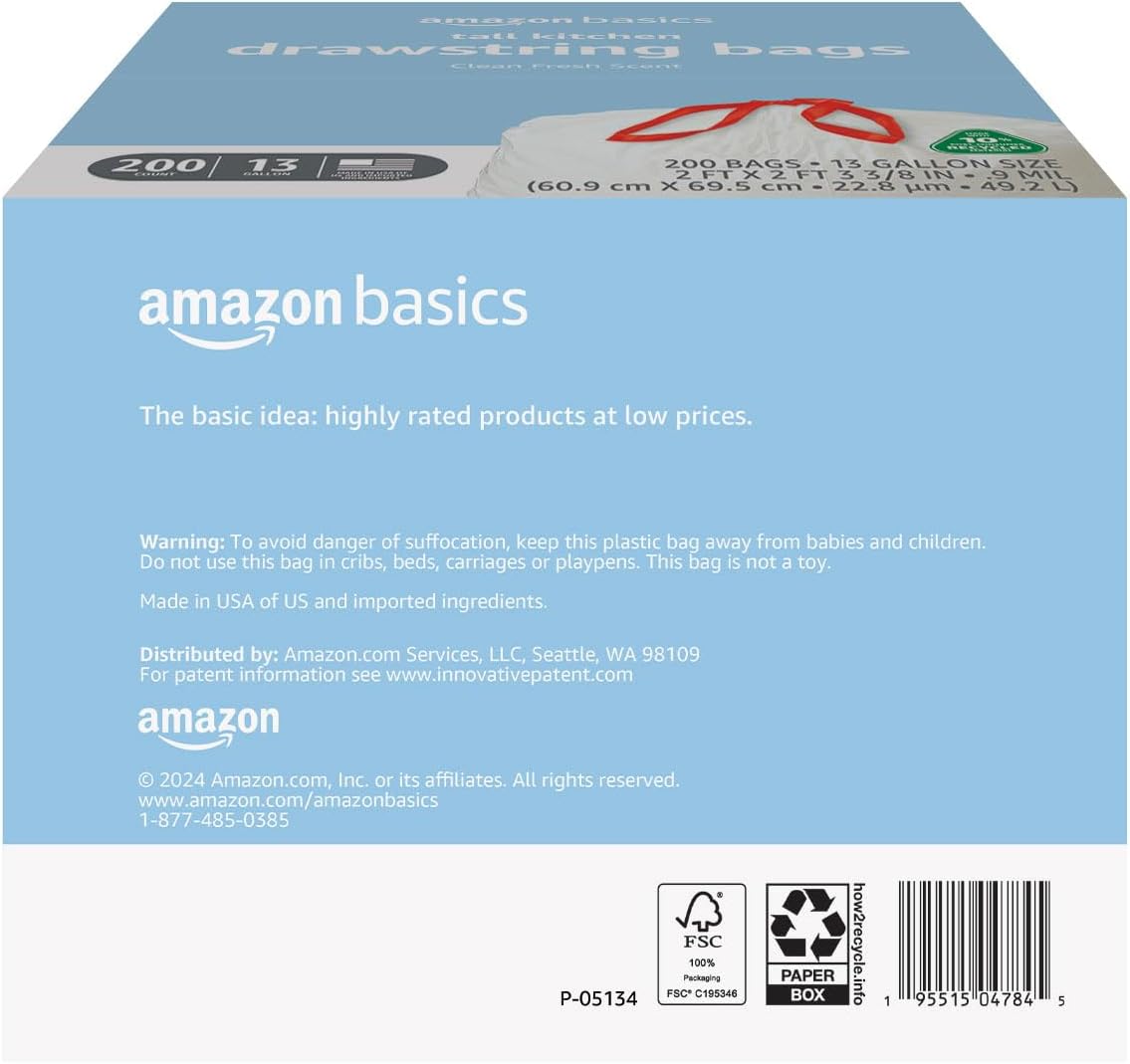 Amazon Basics 13 Gallon Tall Kitchen Drawstring Trash Bags, Clean Fres