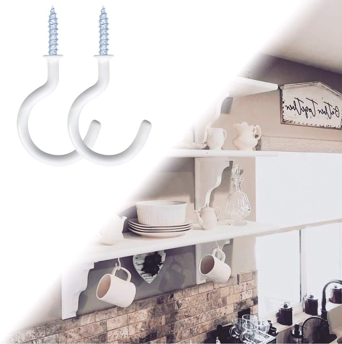 12 Pack Vinyl Coated Ceiling Hooks,Screw-in Mug Hooks,Multi-Function Wall Hooks Kitchen Hooks Cup Hooks for Indoors Outdoors (White, 1-1/4 Inch)