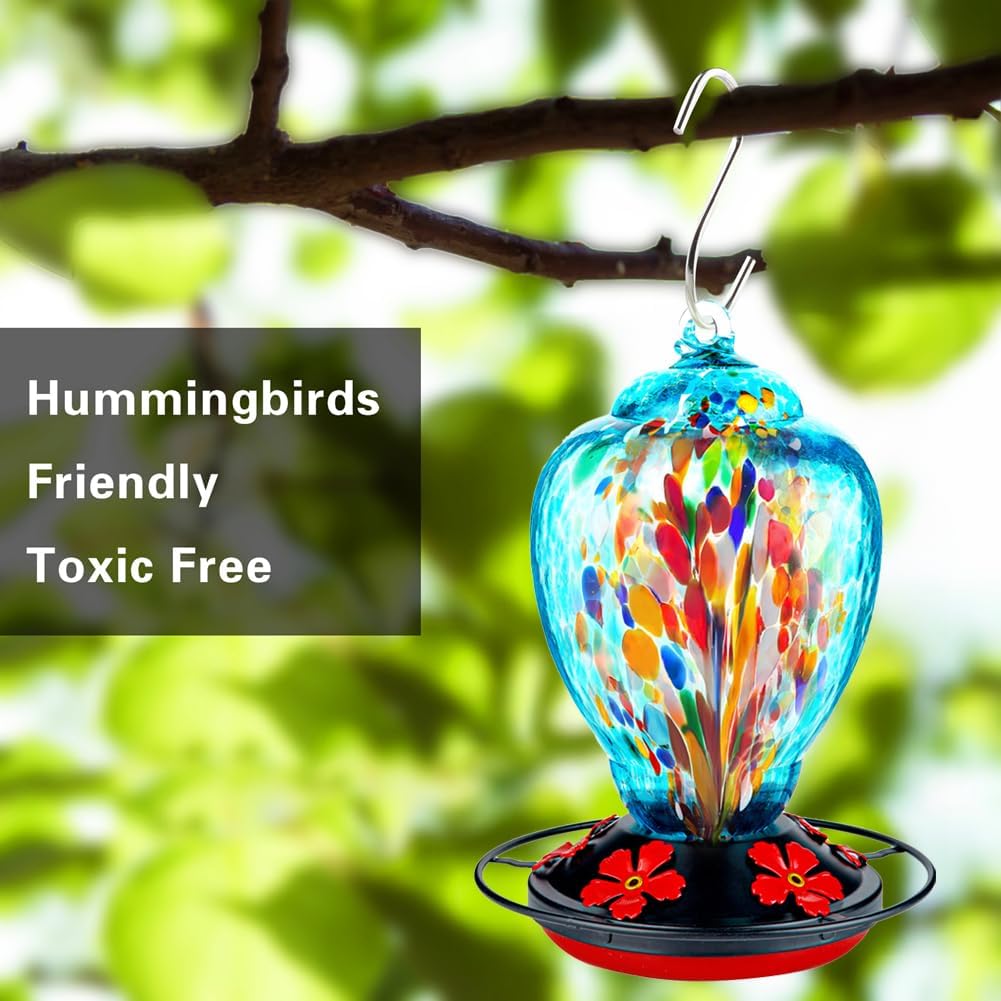 Glass Hummingbird Feeder for Outdoor Hanging 32 Ounces Large Hand Blown Patio Garden Decoration Hummingbird Feeder with Ant Moat Gift Idea for Women (Blue Fire)