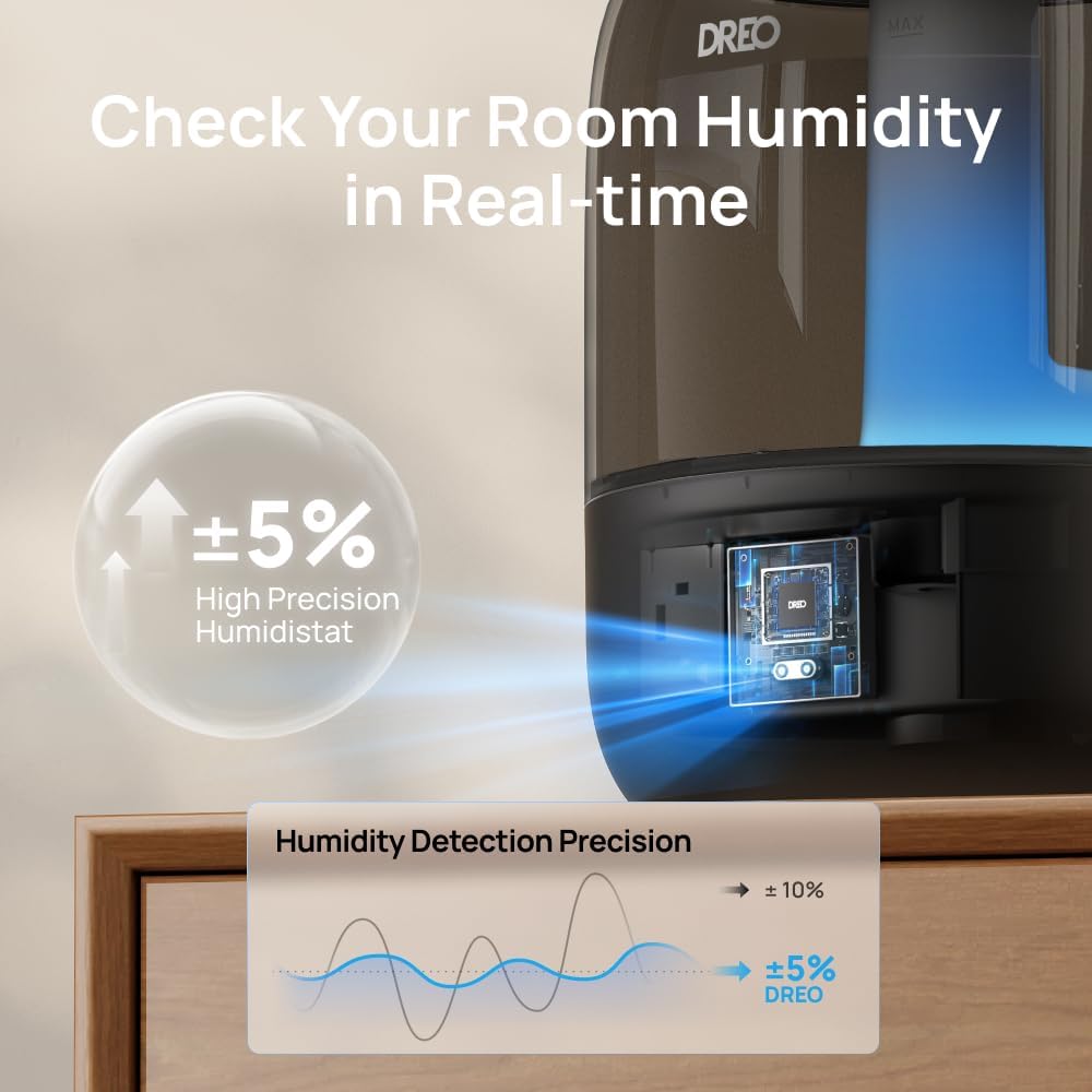 DREO Humidifiers for Bedroom, 3L Top Fill 30H & 26dB Quiet Runtime for Large Room, Cool Mist Ultrasonic Humidifier with Humidity Sensor, Night Light for Home, Baby, Nursery, Plants, 360° Nozzle, Black