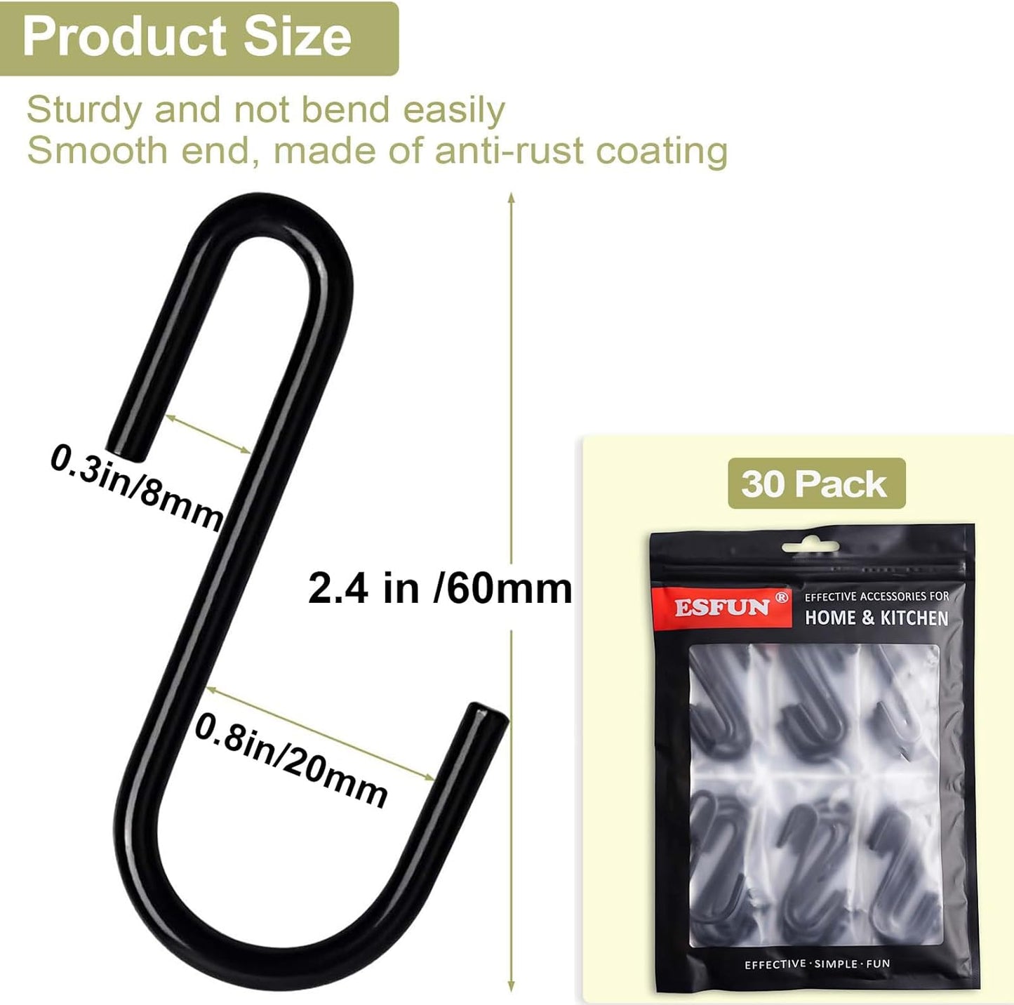 30 Pack 2.4 inches S Hooks for Hanging on Wire Shelves, Black S Shaped Hanging Hooks Hangers Pan Holder Pot Wire Rack Hooks for Kitchenware Spoons Pans Pots Utensils Jeans Bags Towels Plants,
