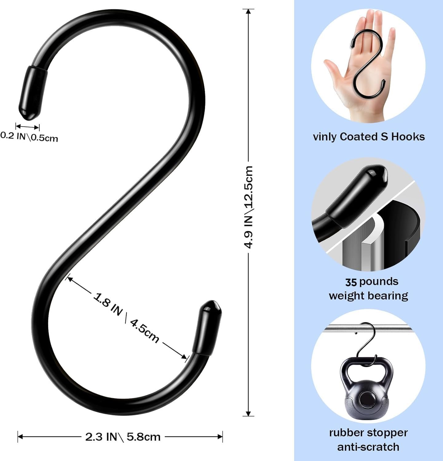 5 Inch Heavy Duty S Hooks, Large S Hooks for Hanging Plants, Vinyl Coated S Hook 12 Pack Sturdy Non Slip Kitchen and Closet Black S Hook for Hanging Large Object, Garden Tools, Pot
