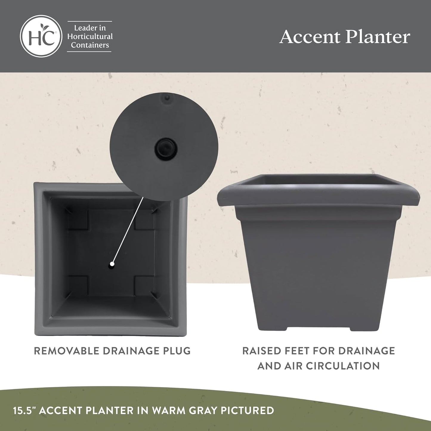 The HC Companies 12.5 Inch Accent Square Plant Pots with Drainage, Lig