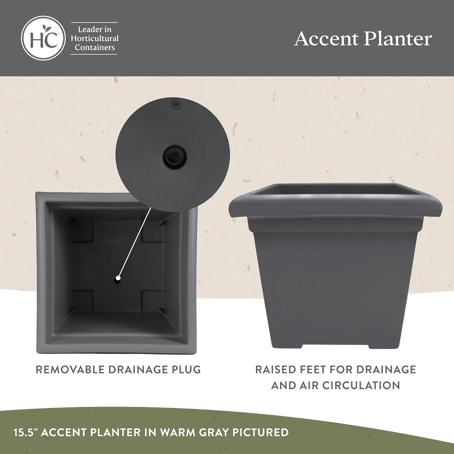 The HC Companies 12.5 Inch Accent Square Plant Pots with Drainage, Lig
