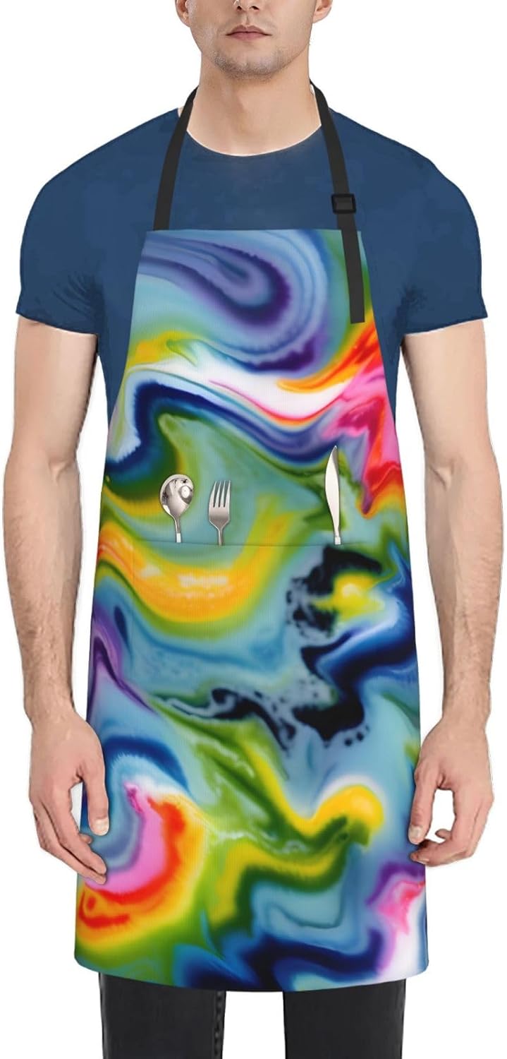 YANYU Tie Dye Print 28x33 In Kitchen Apron Stylish Chef Apron with Pockets for Cooking Baking Painting