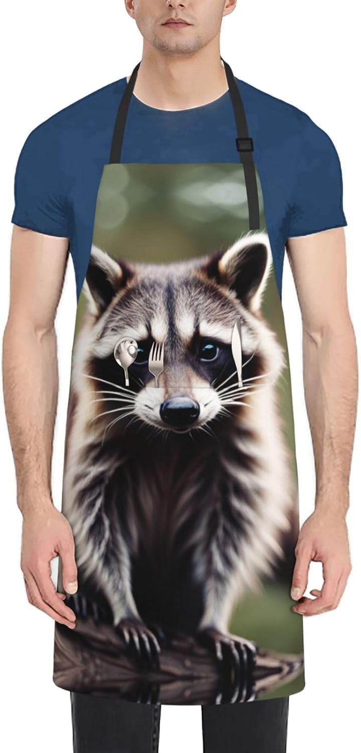 cute raccoon print Waterproof chef's apron with pocket apron for kitchen cooking baking barbecue and gardening