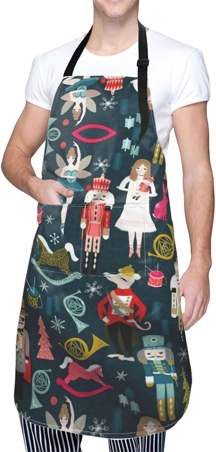 Women's Nutcracker Ballet Xmas Dance print Waterproof apron with pocket adjustable cooking apron for adult kitchen bibs to bake