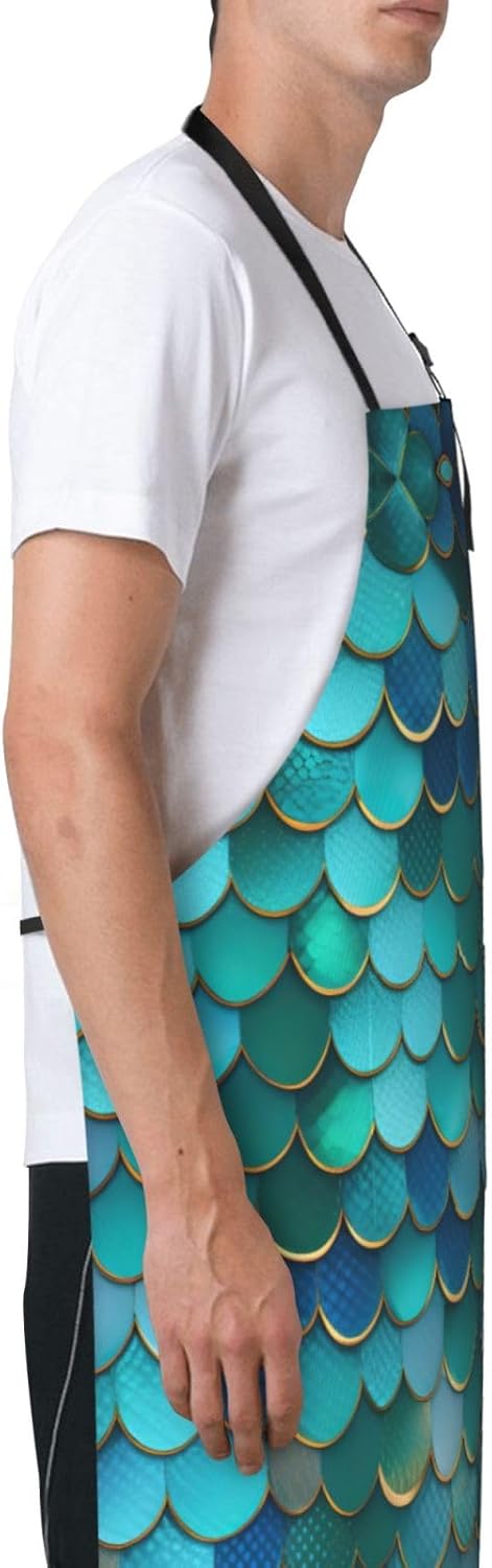 Mermaid Scale print Waterproof chef's apron with pocket apron for kitchen cooking baking barbecue and gardening
