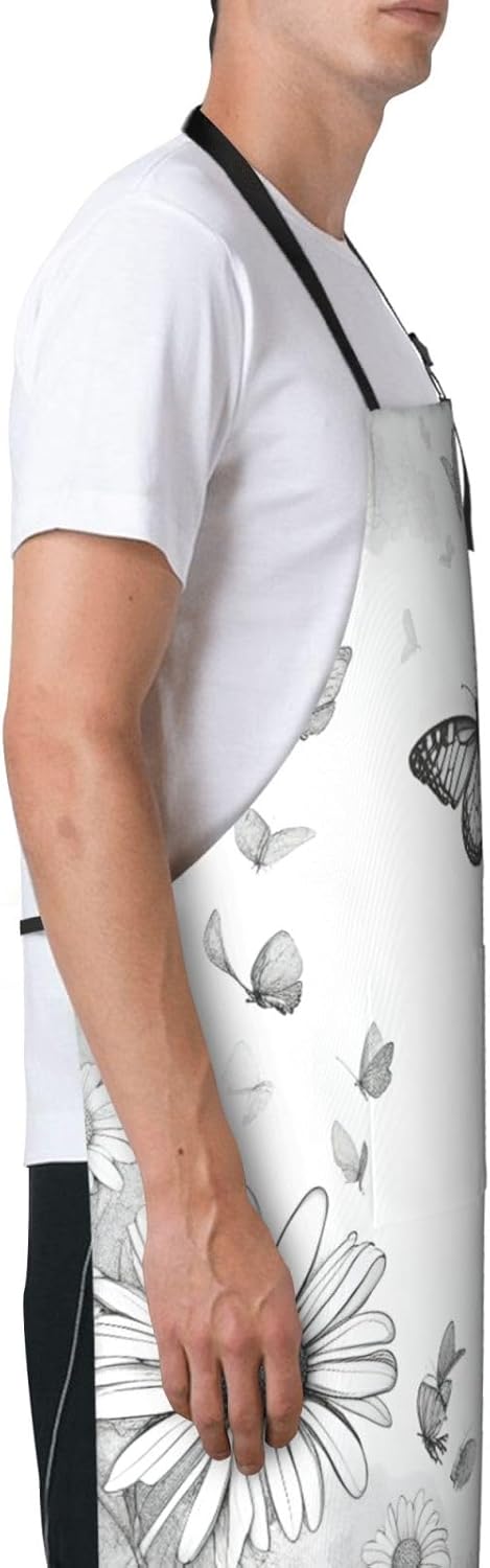 YANYU Butterfly Daisy Print 28x33 In Kitchen Apron Stylish Chef Apron with Pockets for Cooking Baking Painting
