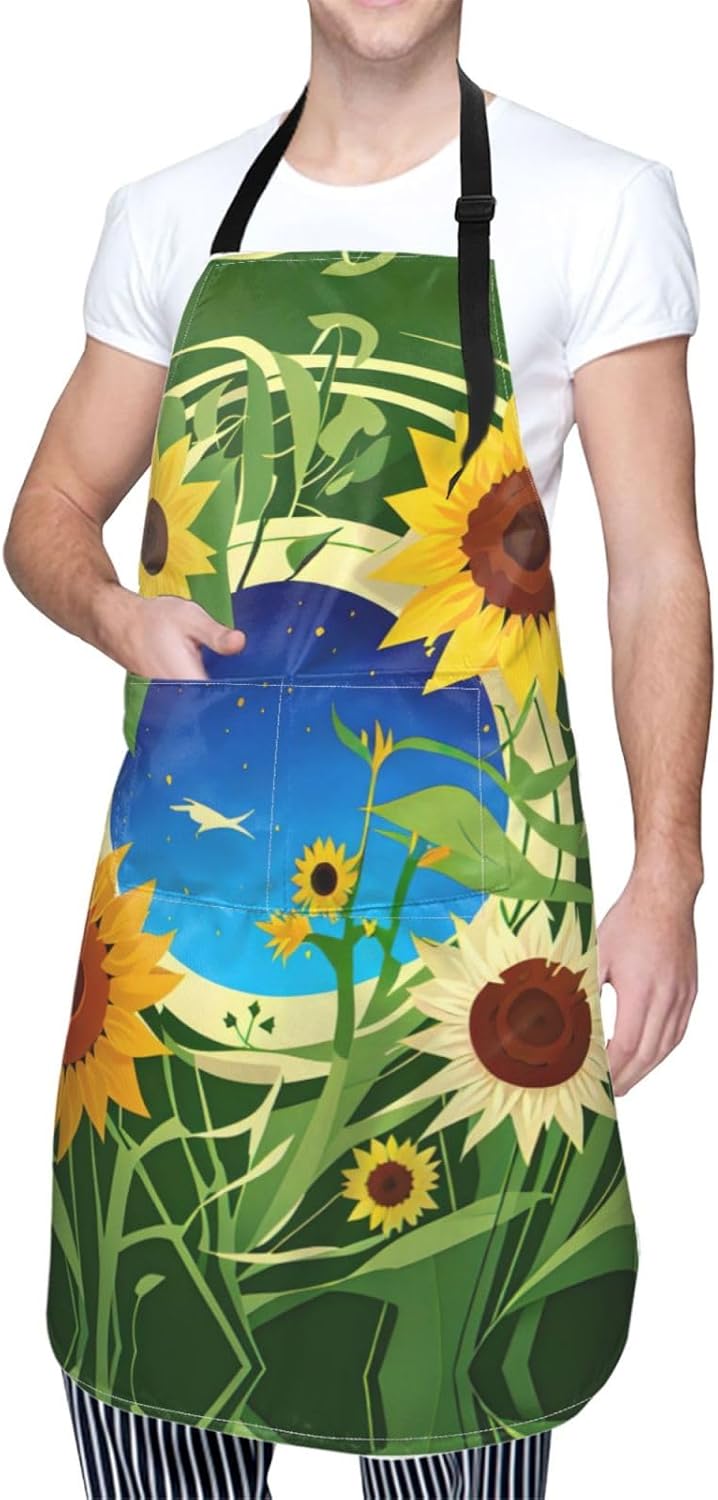 Sunflower Pattern print Waterproof chef's apron with pocket apron for kitchen cooking baking barbecue and gardening