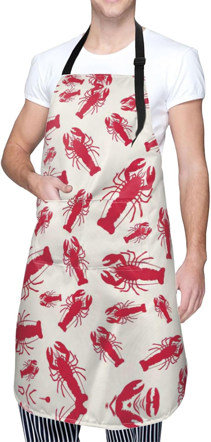 Red Lobster Print 28x33 In Adult Kitchen Apron with Pockets Versatile Chef Smock for Cooking Baking