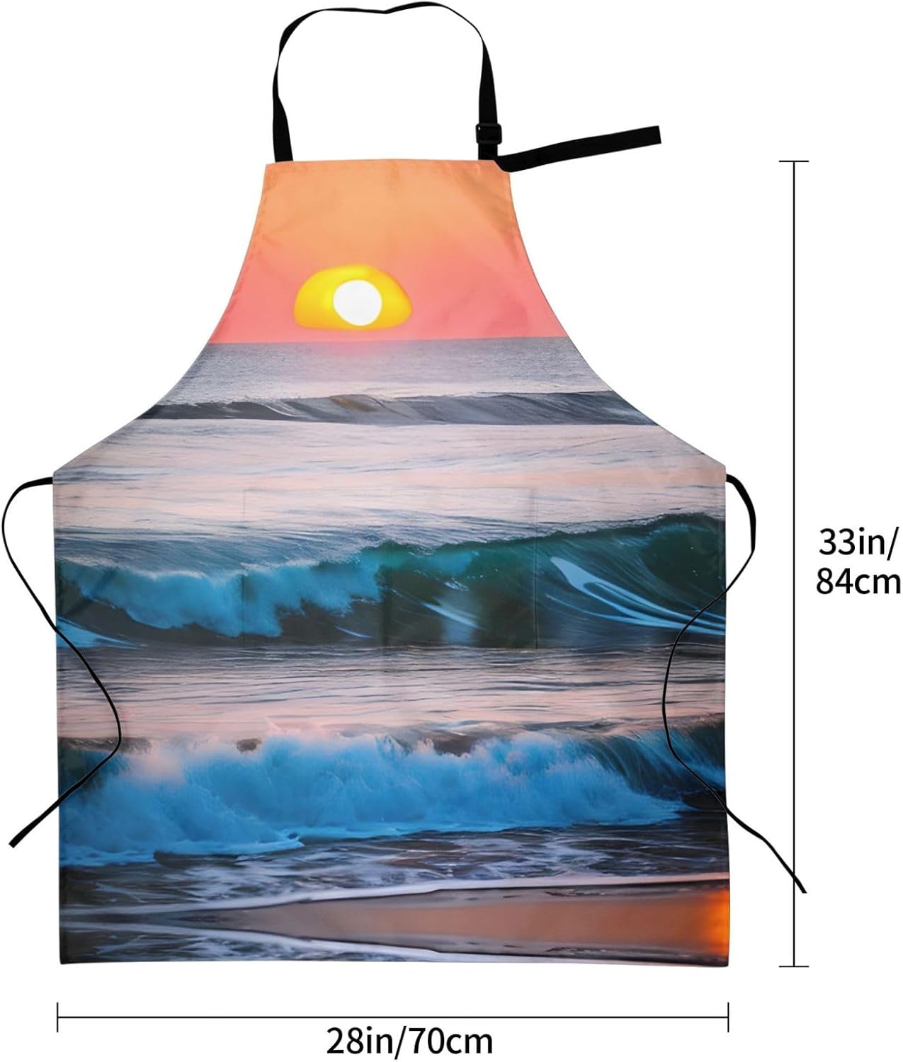Sunset and Sunrise with Ocean Sea Waves Print 28x33 In Adult Kitchen Apron with Pockets Versatile Chef Smock for Cooking Baking