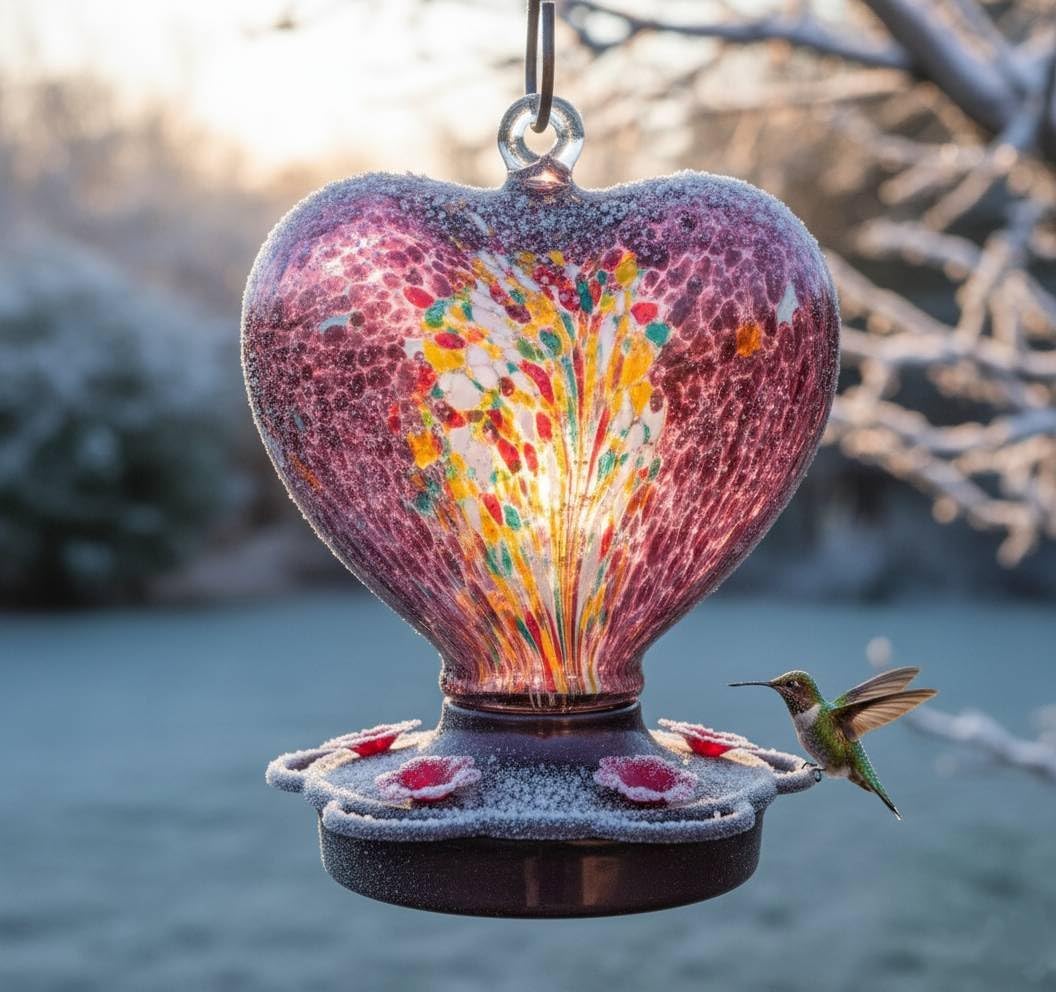 Hand Blown Glass Hummingbird Feeder for Outdoors All Season Use - 28 F