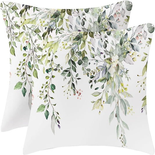 Velvet Floral Spring Pillow Covers 18 x 18 Inch Set of 2 Vintage Wild Flowers Decor Sage Green Throw Pillows leaves Outdoor Farmhouse Wildflower Plant Decorative Cushion for Couch Bed Sofa