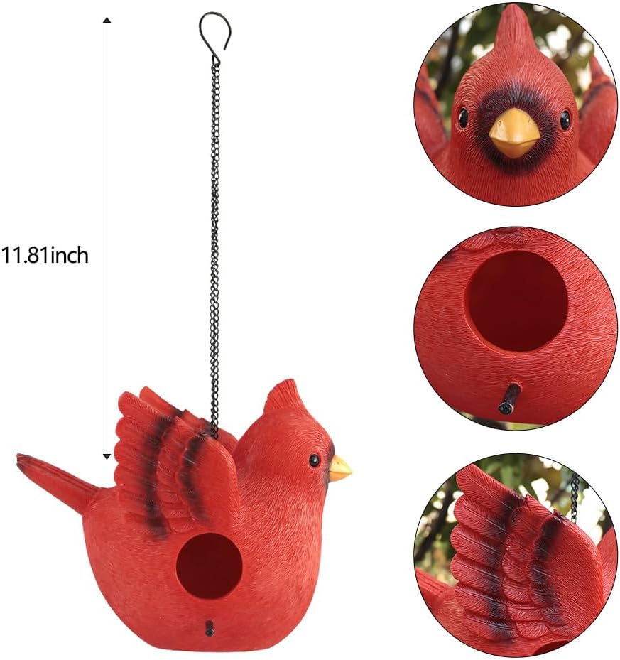 Bird House for Outside, Hanging Handcrafted Cardinal Resin Outdoor birdhouses Humming Bird, Bluebird, Wren, Camper Hanging Houses nest cage (Red, Large)