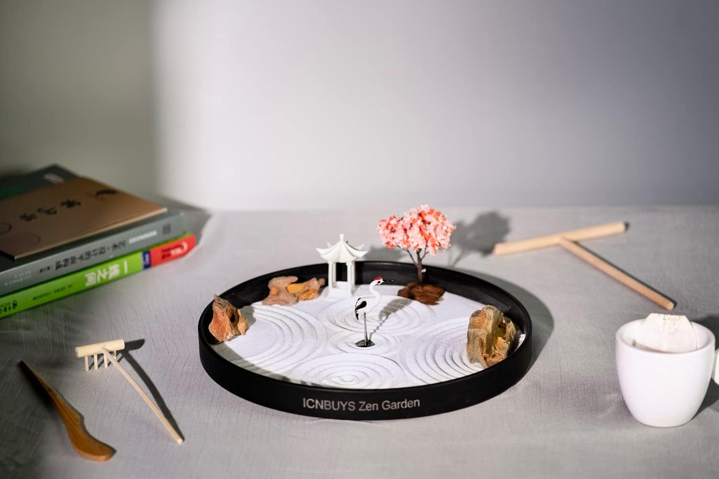 Zen Garden Crane, Pavilion and Sakura Set with Free Rakes and Pushing Sand Pen Base Tray Diameter 9.4 inches