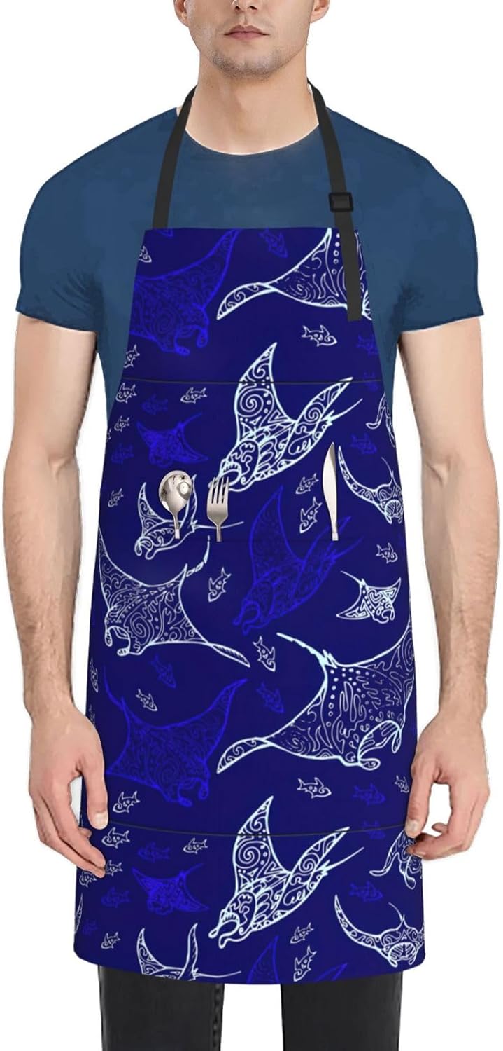 Manta Ray and Fish print Waterproof apron with pocket adjustable cooking apron for adult kitchen bibs to bake