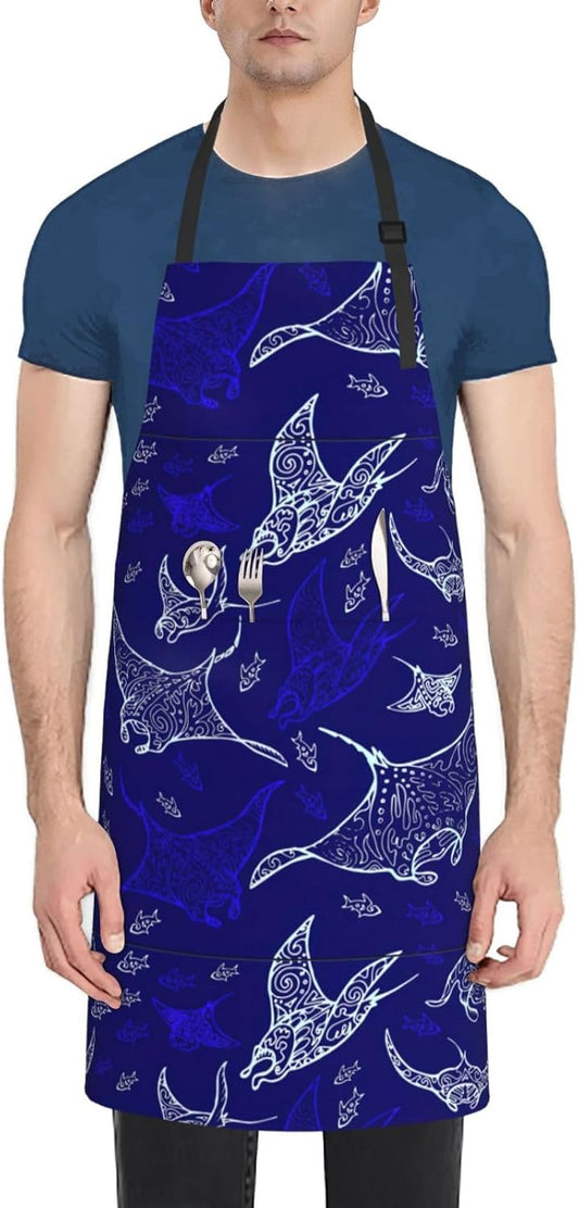 Manta Ray and Fish print Waterproof apron with pocket adjustable cooking apron for adult kitchen bibs to bake