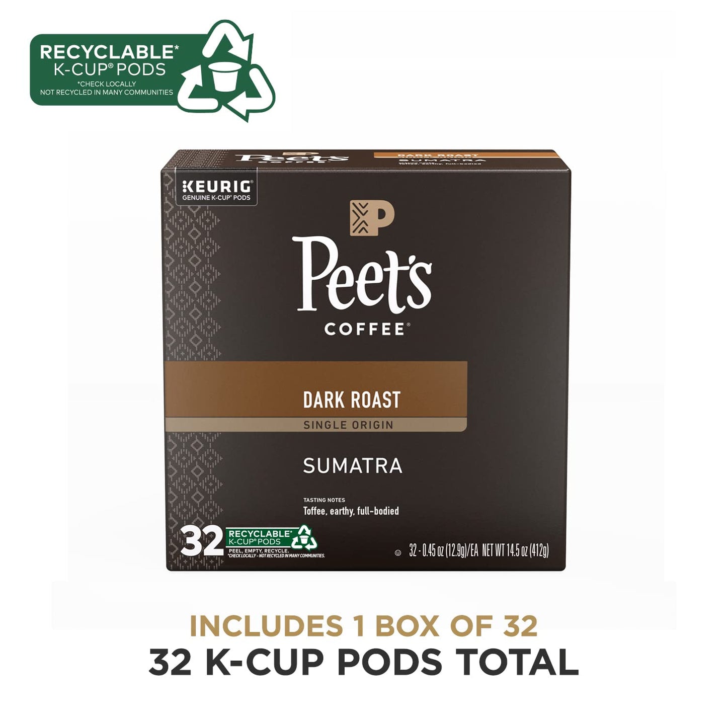 Peet's Coffee, Dark Roast Single Serve Coffee Pods, 100% Arabica Coffee - Single Origin Sumatra 32 Count (1 Box of 32 Pods)
