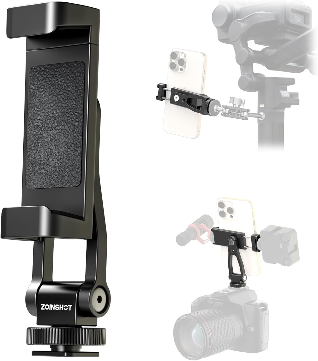 All Metal Phone Tripod Mount, 360° Rotation Tripod Phone Mount with 2 Cold Shoes, Adjustable Cell Phone Mount Adapter with 1/4" Thread, Compatible with iPhone Android Phones, Digital Camera