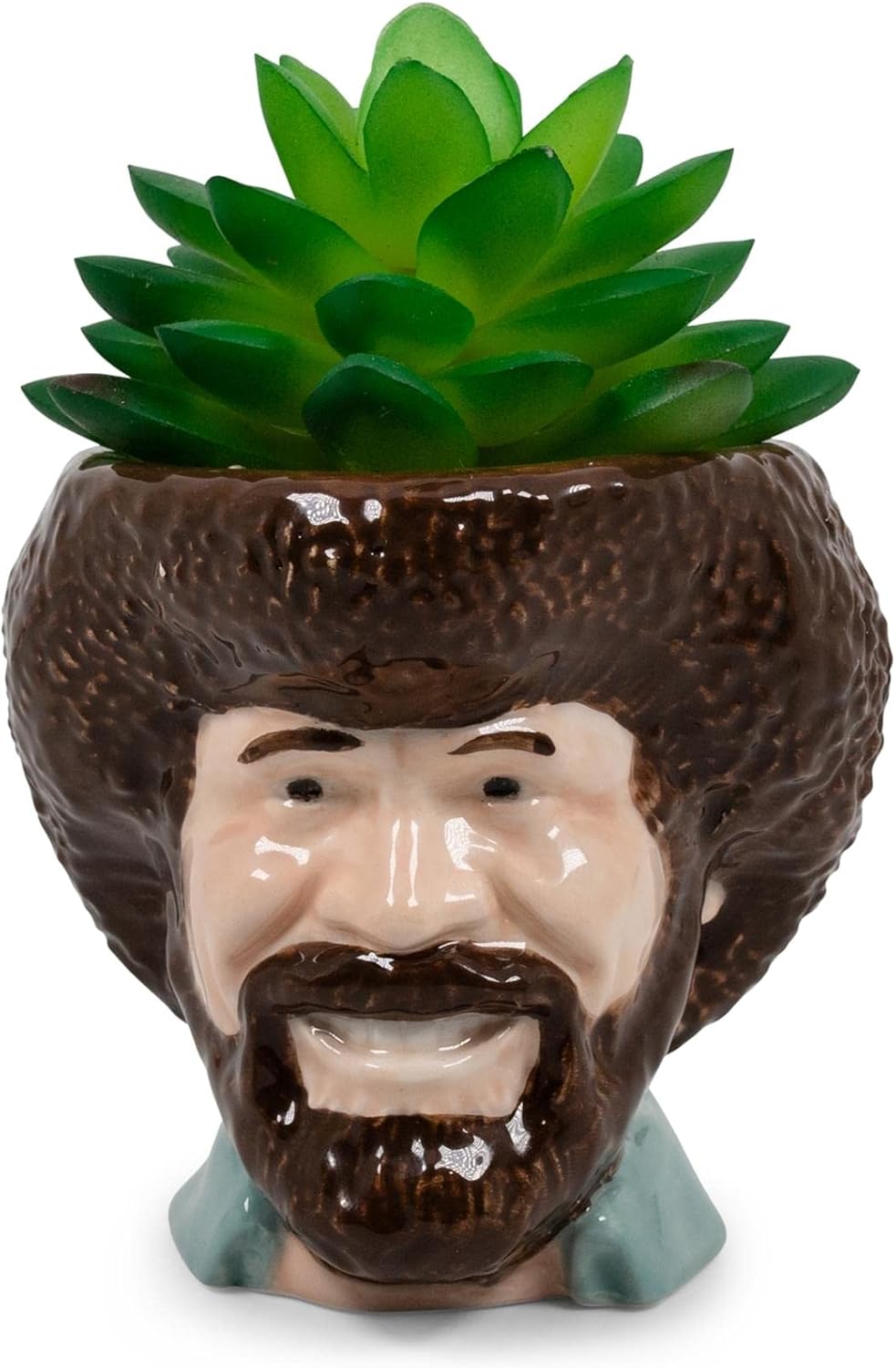 Toynk Bob Ross Mini Ceramic Planter with Artificial Succulent | Small Flower Pot, Faux Indoor Plants for Desk Shelf, Decorative Tray Trinket Dish | Home Decor Gifts and Collectibles