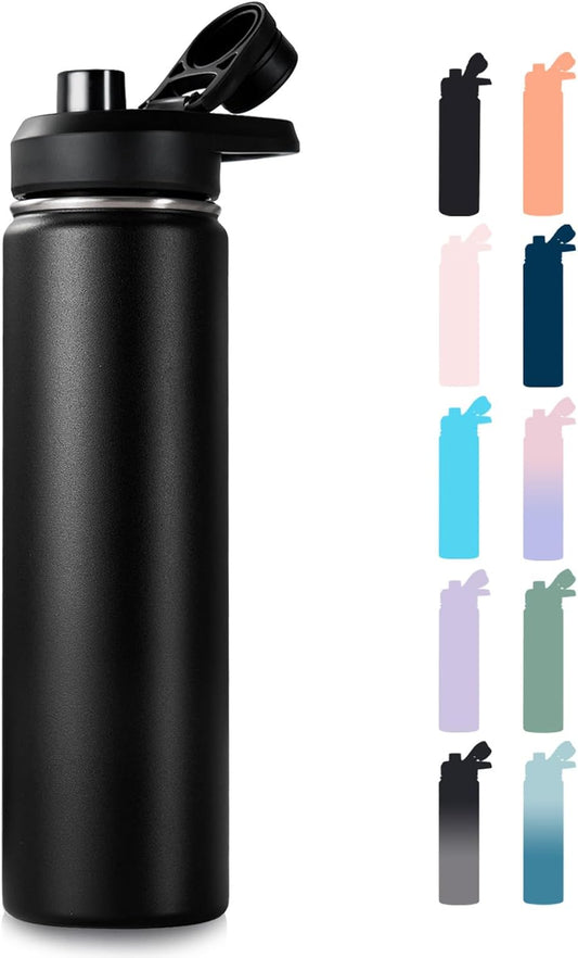 24 oz Insulated Water Bottle with Handle, 304 Stainless Steel Water Bottles with Wide Mouth, Double Wall Vacuum Sports Water Bottle, BPA Free, Keep Cold and Hot, Black | with Handle, Water Bottles, Wide Mouth, Double Wall Vacuum, Sports Water Bottle, BPA