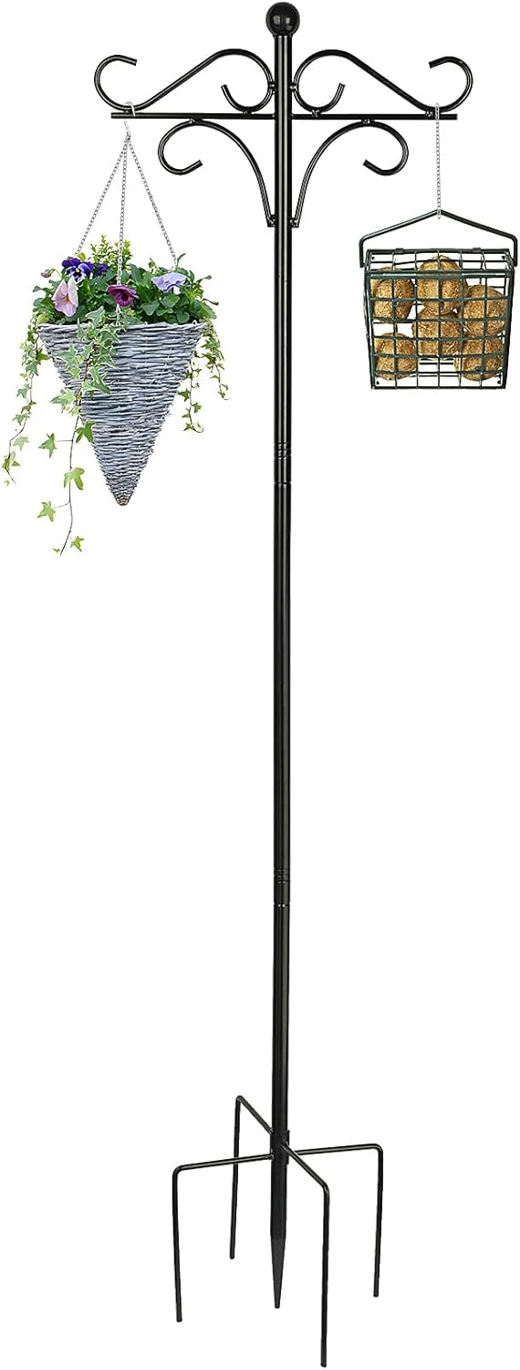 Shepherds Hook Bird Feeder Pole for Outdoor, 46 Inch Tall Heavy Duty Feeder Pole with 4 Hook for Hanging Bird Feeders, Hummingbird Feeder, Plant Baskets