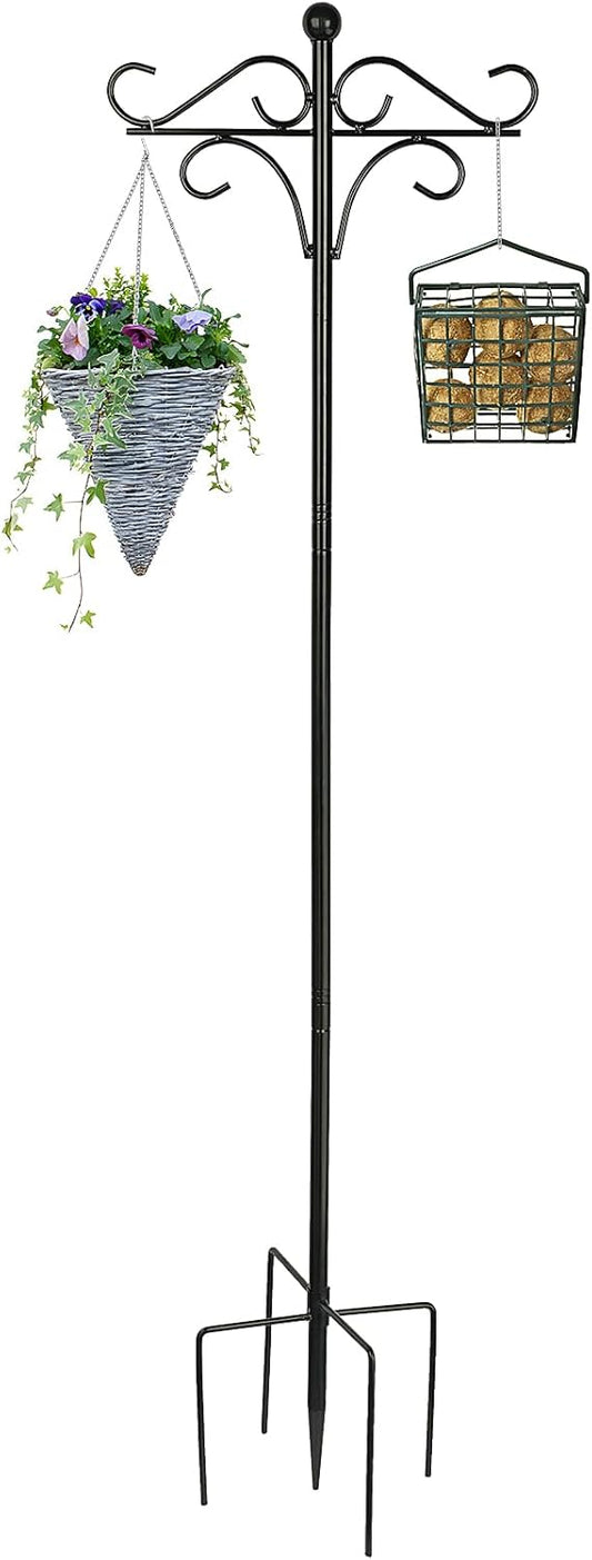 Shepherds Hook Bird Feeder Pole for Outdoor, 46 Inch Tall Heavy Duty Feeder Pole with 4 Hook for Hanging Bird Feeders, Hummingbird Feeder, Plant Baskets