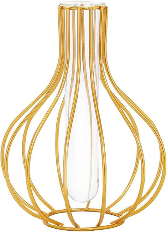 Nordic Simple Glass Clear Vase with Iron Art Frame for Hydroponic Planter, Metal Flower Vase Test Tube Pot Decorative Bottles Centerpieces for Wedding Home Décor (Gold,Gourd)