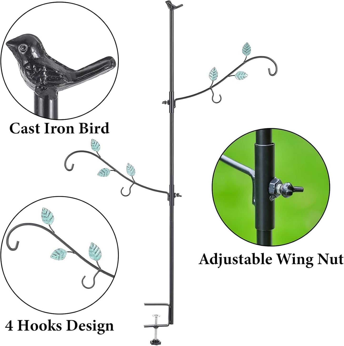 Deck Bird Feeder Hook, Multi-Hook Bird Feeder Hooks for Deck Railing, Clamp on Metal Bird Feeders Balcony Hanging Kit with 2 Adjustable Branches, Porch Planter Hanger for Attracting Wild Birds