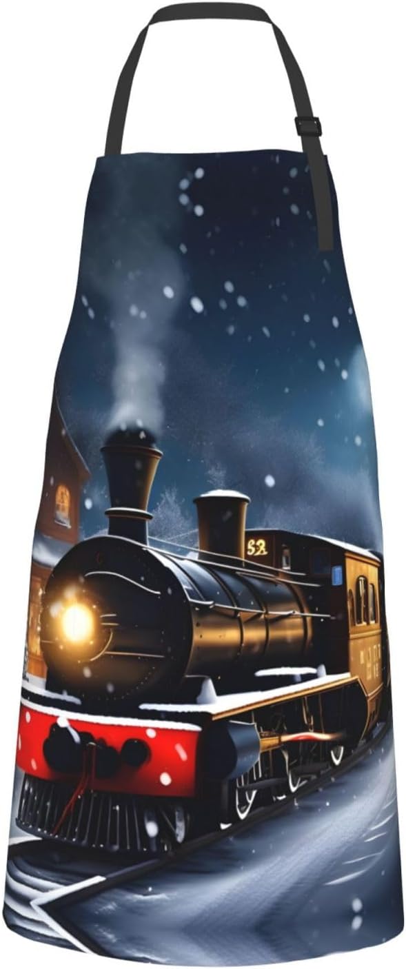 Winter Christmas Snow Night Railway Train print Waterproof apron with pocket adjustable cooking apron for adult kitchen bibs to bake