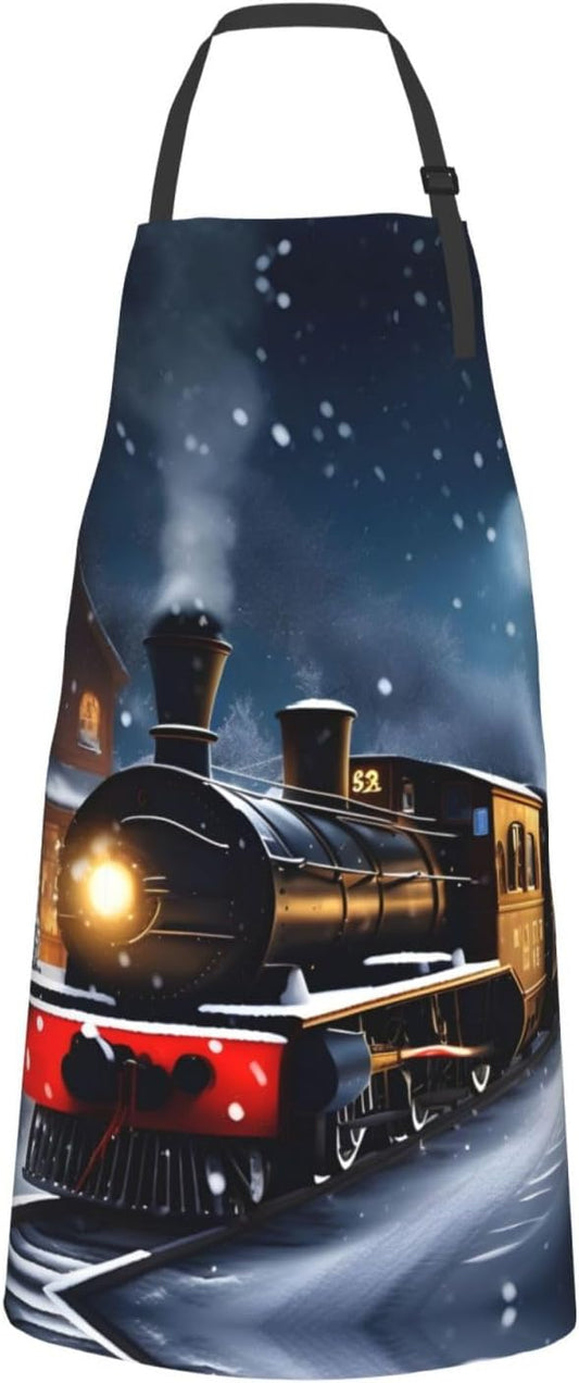 Winter Christmas Snow Night Railway Train print Waterproof apron with pocket adjustable cooking apron for adult kitchen bibs to bake