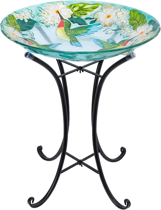 MUMTOP Bird Baths for Outdoors, Hummingbird Glass Large Bird Bath Bowl with Metal Stand, 18 Inch Bird Feeders for Outside and Garden, Patio,Lawn Decor (Hydrangea)