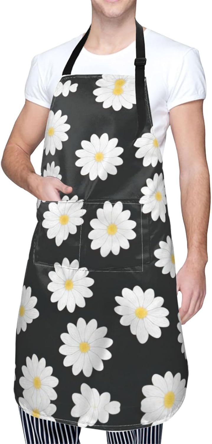 White Daisy 2 Print Laundry apron 28x33 In Waterproof Kitchen Apron with Pockets for Cooking Baking