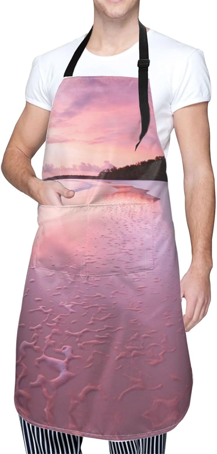 Pink Beach print Waterproof apron with pocket adjustable cooking apron for adult kitchen bibs to bake