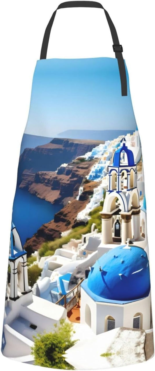 Greek Island sea View print Waterproof apron with pocket adjustable cooking apron for adult kitchen bibs to bake