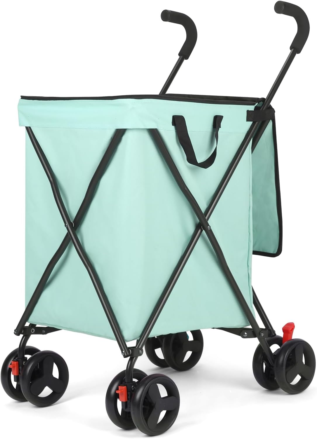 Folding Shopping Cart with Wheels, Rolling Foldable Grocery Cart for Seniors, Portable Collapsible Utility Cart for Shopping Groceries Laundry Stair Climbing Storage (Teal Blue)