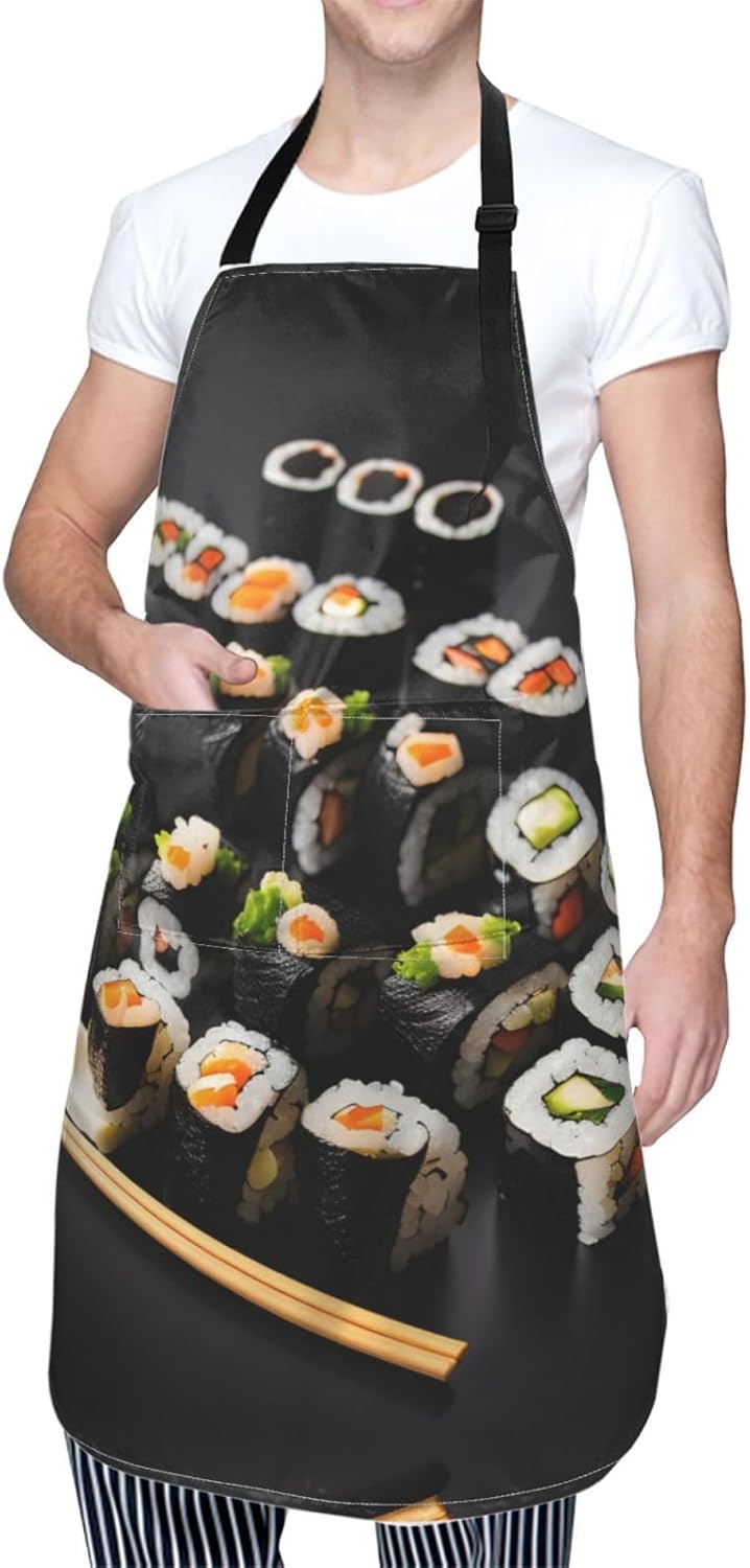 Japanese Sushi Black print Waterproof apron with pocket adjustable cooking apron for adult kitchen bibs to bake
